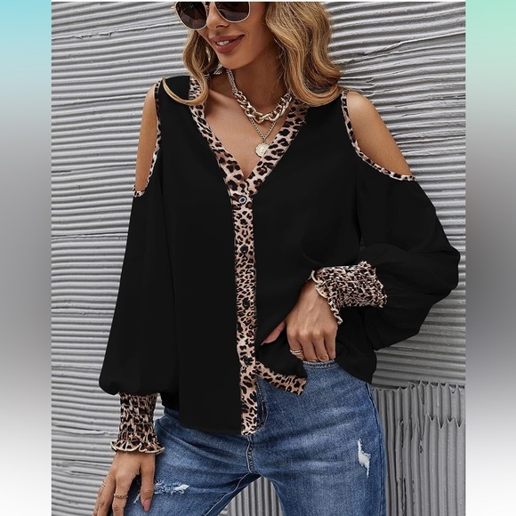 Women's Leopard Button Down Blouse - Picture 6 of 10